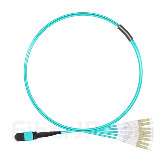1m MTPメス-4LC/UPC デュープレックス 8芯 OM3 50/125 マルチモード ブレイクアウトケーブル(タイプB、エリート、LSZH、水色)の画像