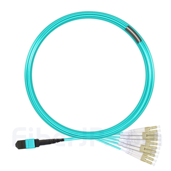 10m MTPメス-6LC/UPC デュープレックス 12芯 OM3 50/125 マルチモード ブレイクアウトケーブル(タイプB、LSZH、水色)の画像