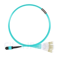5m MTPメス-4LC/UPC デュープレックス 8芯 プレナム(OFNP) OM3 50/125 マルチモード ブレイクアウトケーブル(タイプB、エリート、水色)