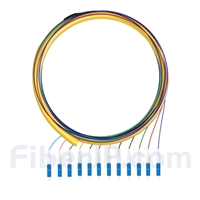 1.5m 12芯 LC/UPC シングルモード ピッグテール光ファイバケーブル（0.9mm PVCジャケット、9/125、束状）
