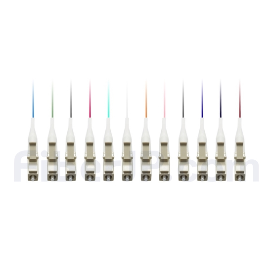 1.5m 12芯 LC/UPC マルチモード ピッグテール光ファイバケーブル（0.9mm PVCジャケット、 50/125 OM4、束状）の画像